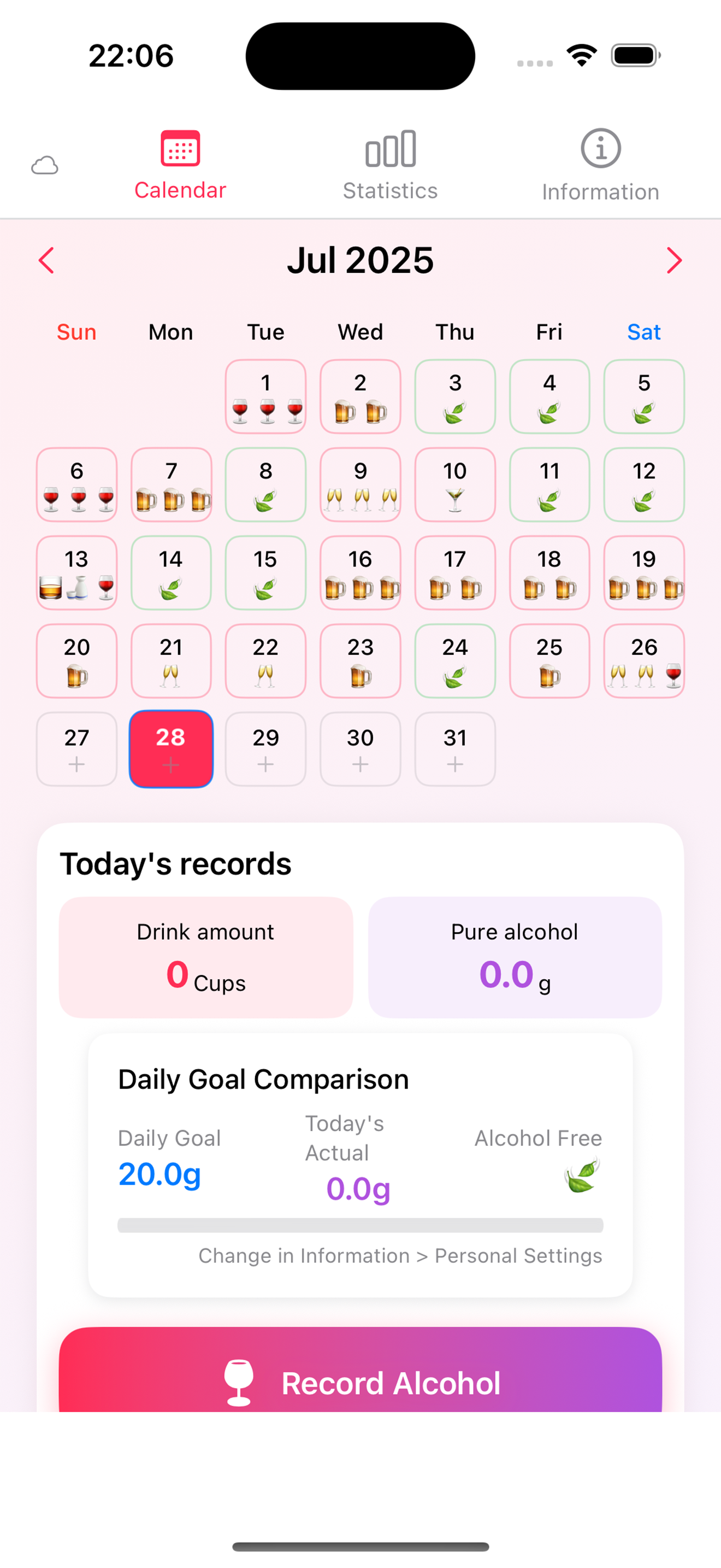 AlcoCalendar Main Screen